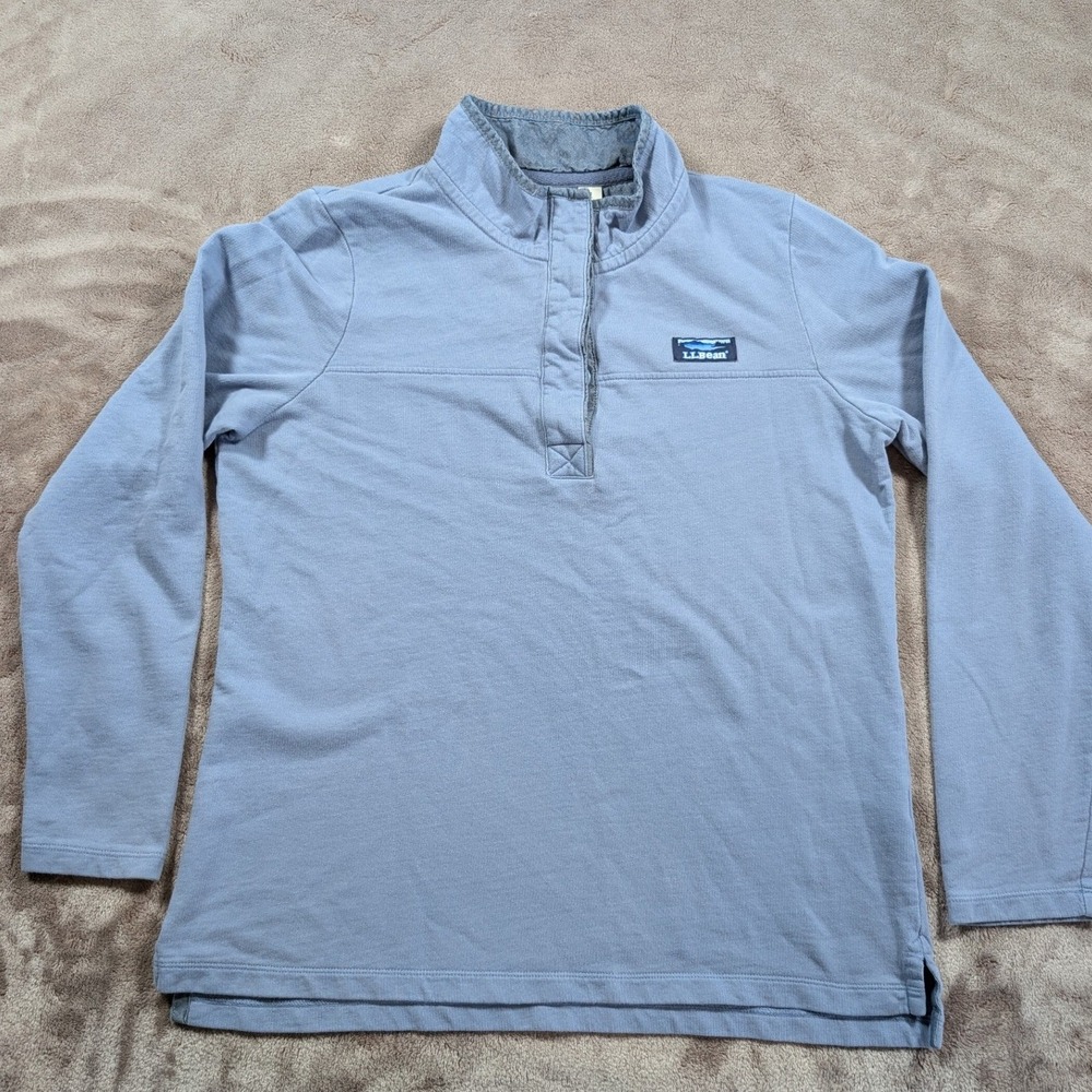 LL Bean Pullover Sweatshirt Womens M Blue Mock Neck Cotton Button 501541